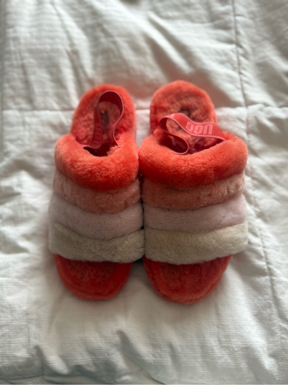 UGG Kids Coral, Pink & Cream Fluffy Slide Slippers